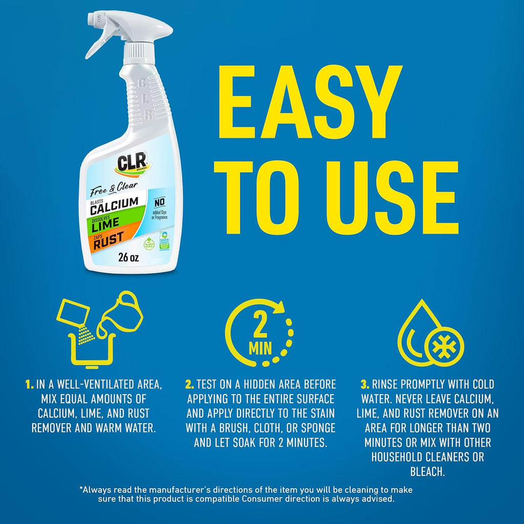 CLR Brands® Calcium, Lime & Rust Remover Free & Clear, No Dyes or Fragrances, Gentle Lime and Bathroom Descaler, Removes Hard Water Stains and Rust Deposits, 750ml  Bottle (Pack of 1)